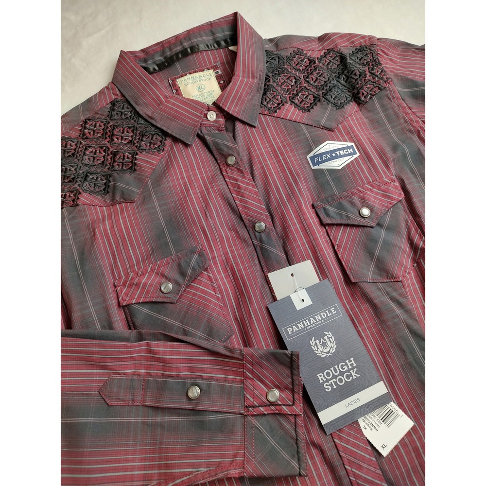 Panhandle Rough Stock Womens XL Red‎ Plaid Snap Front Embroidered Western Shirt